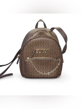 GUESS Brown Monogram Mini Backpack with Gold Chain Accent